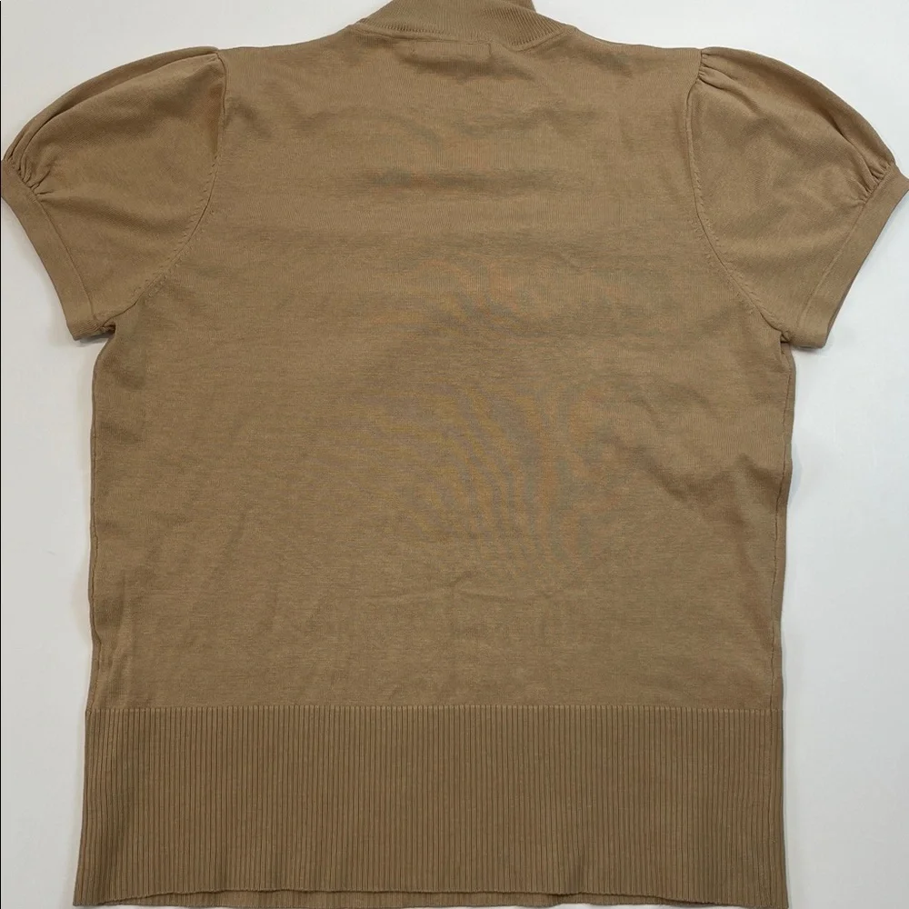 August Silk Ruffle Mock Neck Short Sleeve Knit Top Tan Women’s Sz L